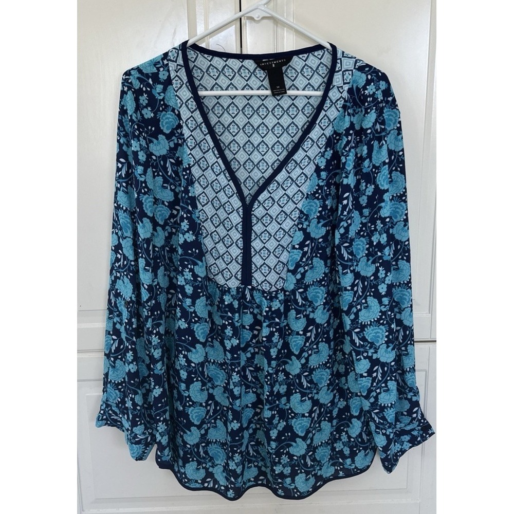 Investments II Blouse Womens 1X Blue Multi Colored V Neck Lightweight Floral Top